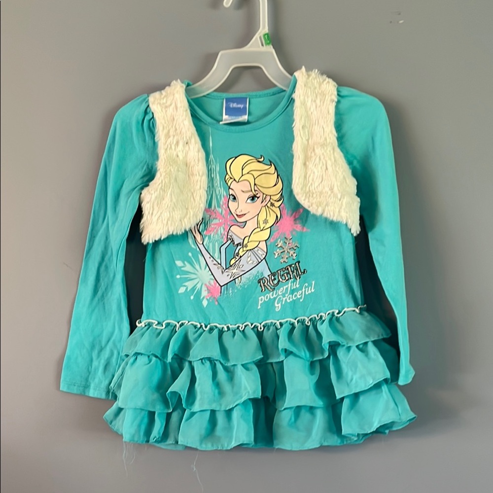 Disney Long Sleeve Turquoise dress with Ruffled Hem and Furry Vest